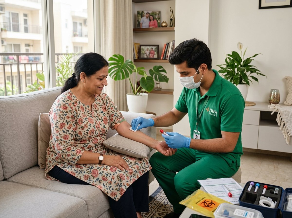 Phlebotomist collecting blood sample at home